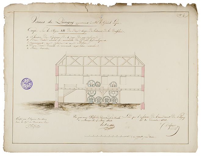 Usines de Quingey [...]. Coupe sur la ligne AB des deux étages du bâtiment de la tréfilerie [...], 1822. © Sonia Dourlot / Région Bourgogne-Franche-Comté, Inventaire du patrimoine - 2015