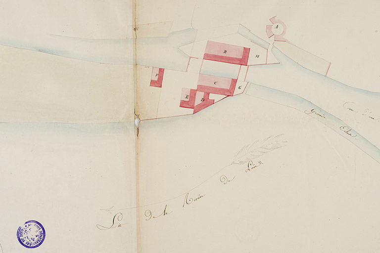 Plan des usines, cours d'eau et dépendances de M. le général Lepin à Quingey, 1822. © Sonia Dourlot / Région Bourgogne-Franche-Comté, Inventaire du patrimoine - 2015 Plan des usines, cours d'eau et dépendances de M. le général Lepin à Quingey, 1822. © Sonia Dourlot / Région Bourgogne-Franche-Comté, Inventaire du patrimoine - 2015