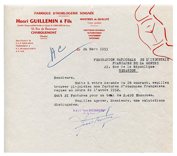 Papier à en-tête de la fabrique d’horlogerie Henri Guillemin et Fils, 24 mars 1953. © Laurent Poupard / Région Bourgogne-Franche-Comté, Inventaire du patrimoine - 2015 Papier à en-tête de la fabrique d’horlogerie Henri Guillemin et Fils, 24 mars 1953. © Laurent Poupard / Région Bourgogne-Franche-Comté, Inventaire du patrimoine - 2015