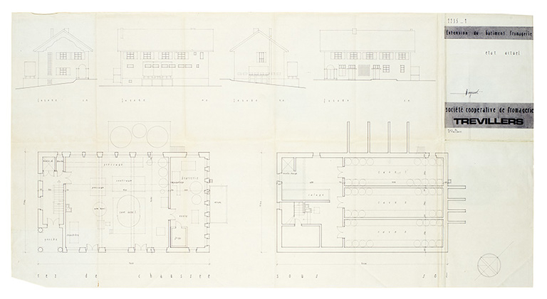 Société coopérative de fromagerie [de] Trévillers. Extension du bâtiment fromagerie. 2235-1. État actuel [plans et élévations], mars 1986. © Sonia Dourlot / Région Bourgogne-Franche-Comté, Inventaire du patrimoine - 2015
