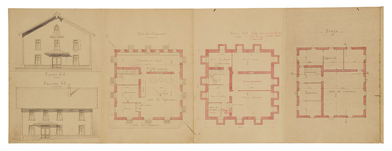 Projet de construction d'un chalet-modèle. Plans et coupes, 1910. © Sonia Dourlot / Région Bourgogne-Franche-Comté, Inventaire du patrimoine - 2015