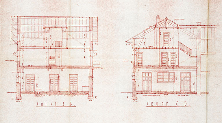 Commune de Trévillers (Doubs). Agrandissement & aménagement de la fromagerie [détail : coupes], 30 juillet 1951. © Jérôme Mongreville / Région Bourgogne-Franche-Comté, Inventaire du patrimoine - 2015