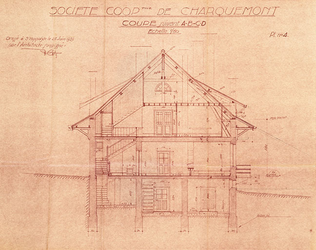 Société cooper[a]tive de Charquemont (Doubs). Pl. n° 4. Coupe suivant A-B-C-D, 25 juin 1939. © Jérôme Mongreville / Région Bourgogne-Franche-Comté, Inventaire du patrimoine - 2015