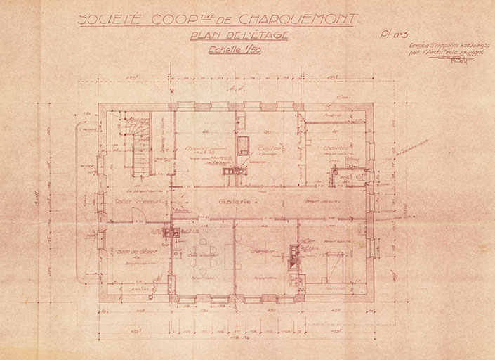 Société cooper[a]tive de Charquemont (Doubs). Pl. n° 3. Plan de l'étage, 25 juin 1939. © Jérôme Mongreville / Région Bourgogne-Franche-Comté, Inventaire du patrimoine - 2015