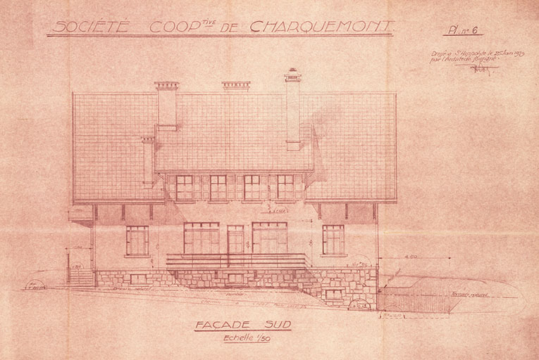 Société cooper[a]tive de Charquemont (Doubs). Pl. n° 6. Façade sud, 25 juin 1939. © Jérôme Mongreville / Région Bourgogne-Franche-Comté, Inventaire du patrimoine - 2015