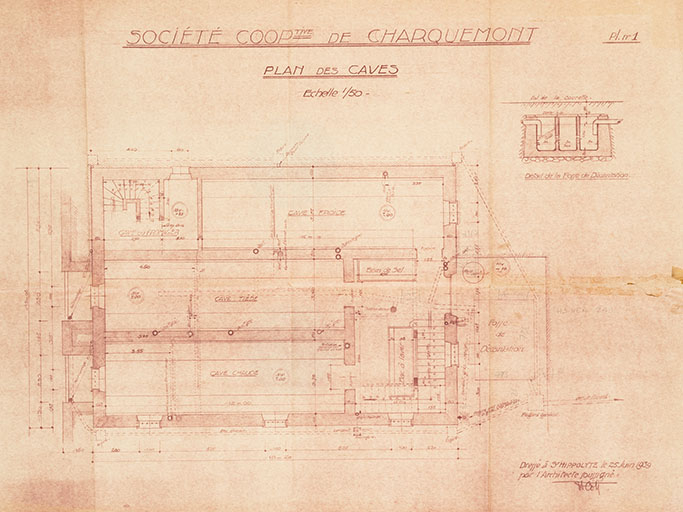Société cooper[a]tive de Charquemont (Doubs). Pl. n° 1. Plan des caves, 25 juin 1939. © Jérôme Mongreville / Région Bourgogne-Franche-Comté, Inventaire du patrimoine - 2015