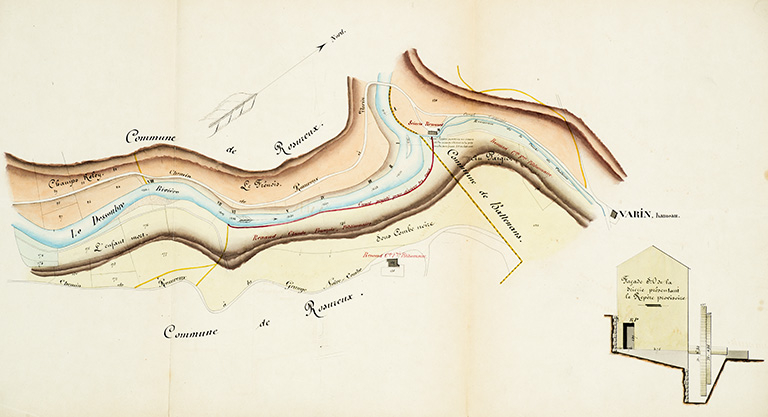 Commune de Battenans. Rivière du Dessoubre. Etablissement d’une prise d'eau par le Sr Renaud C[lau]de F[ranç]ois. Plan, 1868. © Jérôme Mongreville / Région Bourgogne-Franche-Comté, Inventaire du patrimoine - 2015