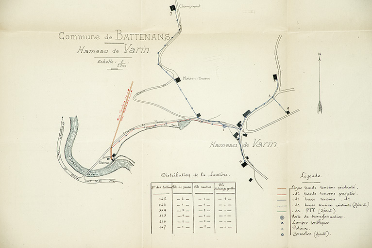 Projet de distribution d'énergie électrique dans le hameau de Varin (commune de Battenans). Plan des lignes haute et basse tension projetées, 1926. © Jérôme Mongreville, Alphonse Dubois / Région Bourgogne-Franche-Comté, Inventaire du patrimoine - 2015