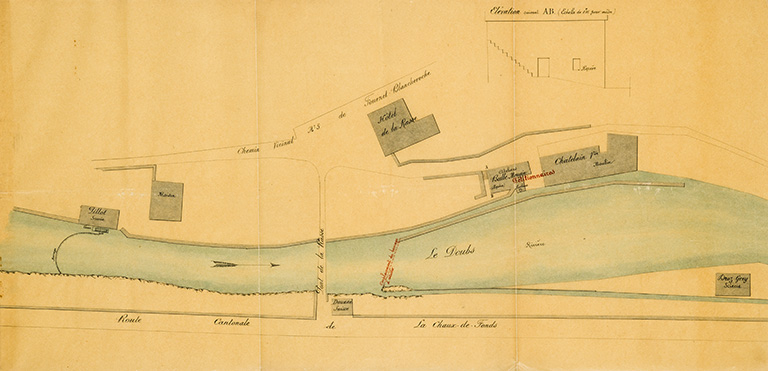Rivière du Doubs. Usine Bulle-Mougin - V[eu]ve Chatelain à la Rasse. Reconstruction du barrage. Plan des lieux, 19 mai 1896. © Jérôme Mongreville / Région Bourgogne-Franche-Comté, Inventaire du patrimoine - 2015
