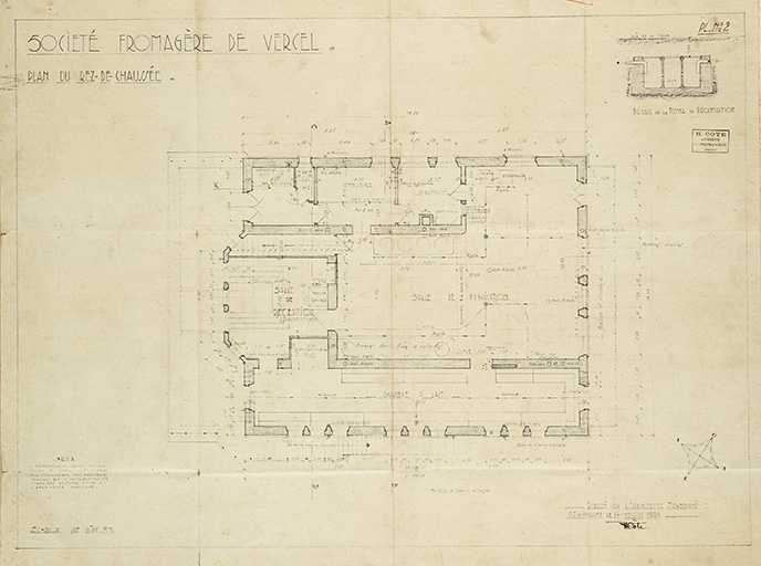 Société fromagère de Vercel. Plan du rez-de-chaussée, 1938. © Jérôme Mongreville / Région Bourgogne-Franche-Comté, Inventaire du patrimoine - 2015