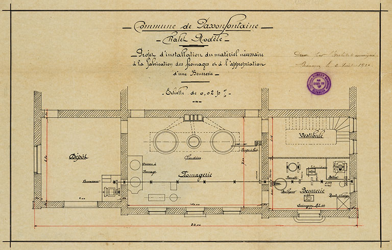 Chalet-modèle. Projet d'installation du matériel nécessaire à la fabrication des fromages et à l'appropriation d'une beurrerie, 1910. © Jérôme Mongreville / Région Bourgogne-Franche-Comté, Inventaire du patrimoine - 2015