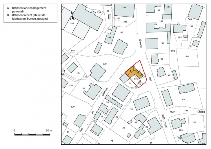 Plan-masse et de situation. Extrait du plan cadastral, 2015, section AH. © Mathias Papigny / Région Bourgogne-Franche-Comté, Inventaire du patrimoine - 2015