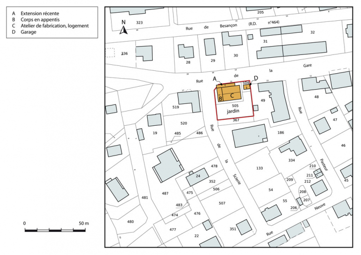 Plan-masse et de situation. Extrait du plan cadastral, 2015, section AI. © Mathias Papigny / Région Bourgogne-Franche-Comté, Inventaire du patrimoine - 2015