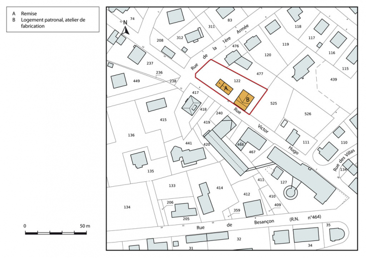 Plan-masse et de situation. Extrait du plan cadastral, 2015, section AB. © Mathias Papigny / Région Bourgogne-Franche-Comté, Inventaire du patrimoine - 2015