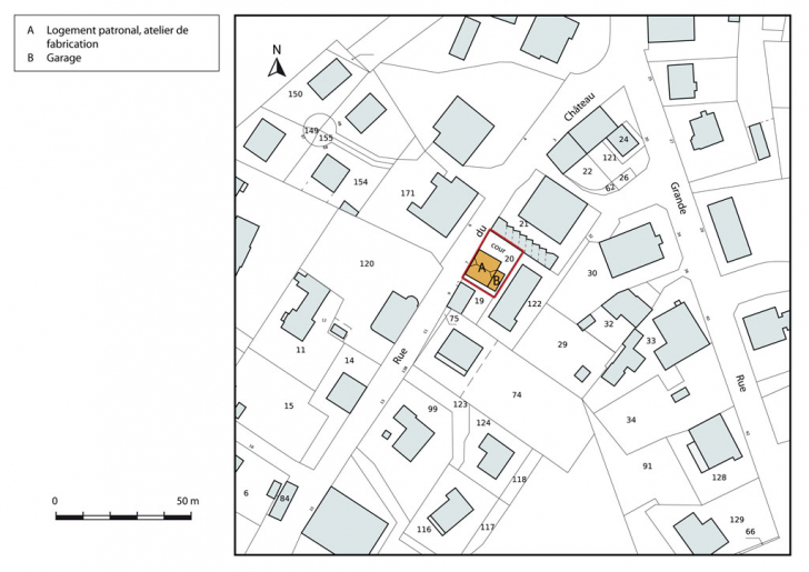 Plan-masse et de situation. Extrait du plan cadastral, 2015, section AH. © Mathias Papigny / Région Bourgogne-Franche-Comté, Inventaire du patrimoine - 2015 Plan-masse et de situation. Extrait du plan cadastral, 2015, section AH. © Mathias Papigny / Région Bourgogne-Franche-Comté, Inventaire du patrimoine - 2015