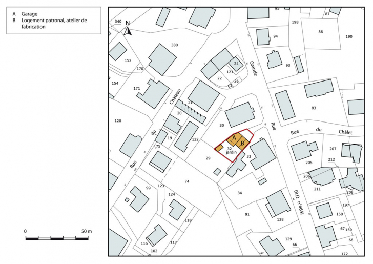 Plan-masse et de situation. Extrait du plan cadastral, 2015, section AH. © Mathias Papigny / Région Bourgogne-Franche-Comté, Inventaire du patrimoine - 2015 Plan-masse et de situation. Extrait du plan cadastral, 2015, section AH. © Mathias Papigny / Région Bourgogne-Franche-Comté, Inventaire du patrimoine - 2015