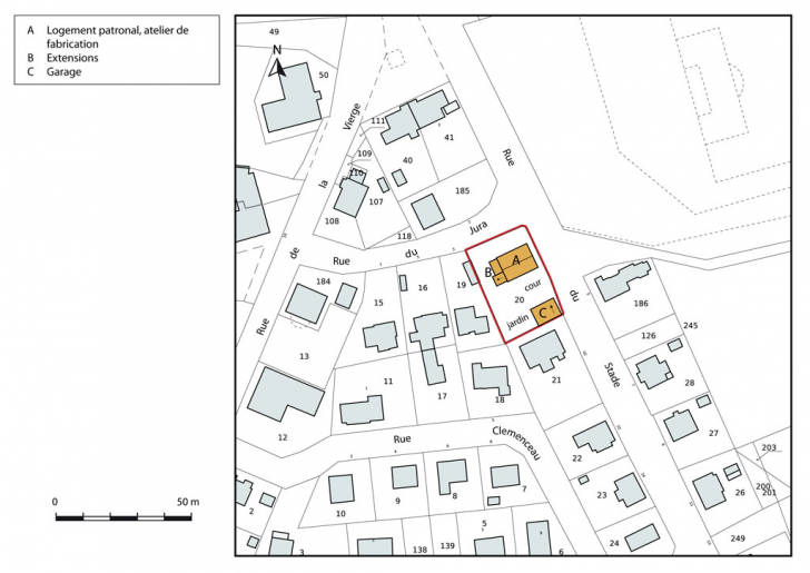 Plan-masse et de situation. Extrait du plan cadastral, 2015, section AE. © Mathias Papigny / Région Bourgogne-Franche-Comté, Inventaire du patrimoine - 2015