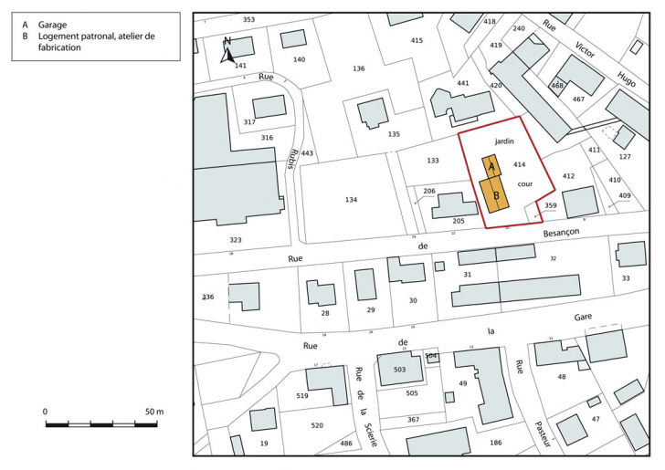 Plan-masse et de situation. Extrait du plan cadastral, 2015, section AB. © Mathias Papigny / Région Bourgogne-Franche-Comté, Inventaire du patrimoine - 2015 Plan-masse et de situation. Extrait du plan cadastral, 2015, section AB. © Mathias Papigny / Région Bourgogne-Franche-Comté, Inventaire du patrimoine - 2015