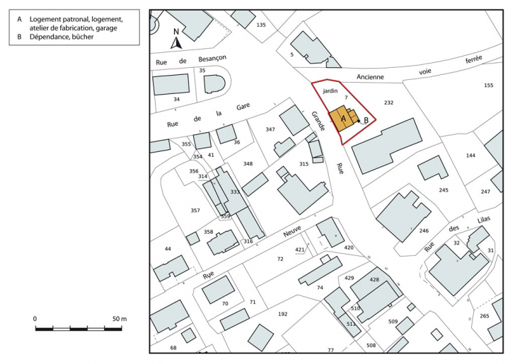 Plan-masse et de situation. Extrait du plan cadastral, 2015, section AC. © Mathias Papigny / Région Bourgogne-Franche-Comté, Inventaire du patrimoine - 2015 Plan-masse et de situation. Extrait du plan cadastral, 2015, section AC. © Mathias Papigny / Région Bourgogne-Franche-Comté, Inventaire du patrimoine - 2015