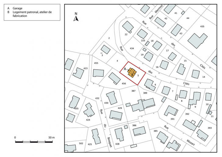 Plan-masse et de situation. Extrait du plan cadastral, 2015, section AB. © Mathias Papigny / Région Bourgogne-Franche-Comté, Inventaire du patrimoine - 2015