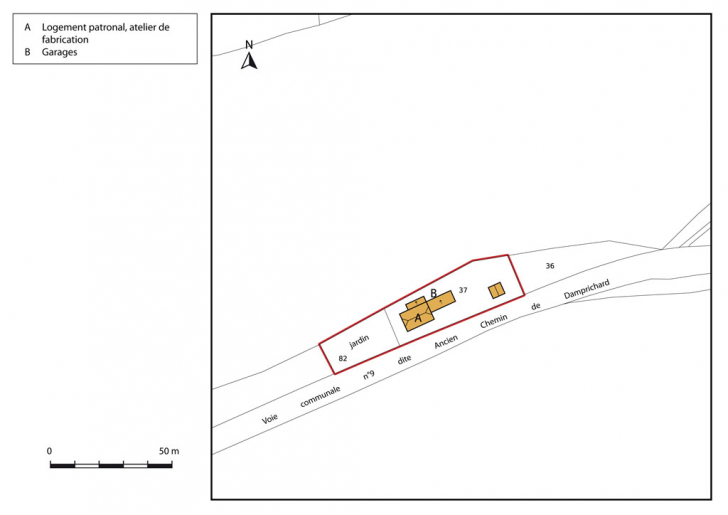 Plan-masse et de situation. Extrait du plan cadastral, 2015, section A. © Mathias Papigny / Région Bourgogne-Franche-Comté, Inventaire du patrimoine - 2015