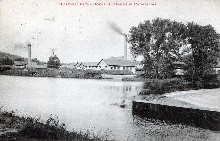 Boussières. Bord du Doubs et Papeteries, carte postale, s.d. [fin 19e ou début 20e siècle]. © Léa Huguenin-Vuillemin / Région Bourgogne-Franche-Comté, Inventaire du patrimoine - 2015