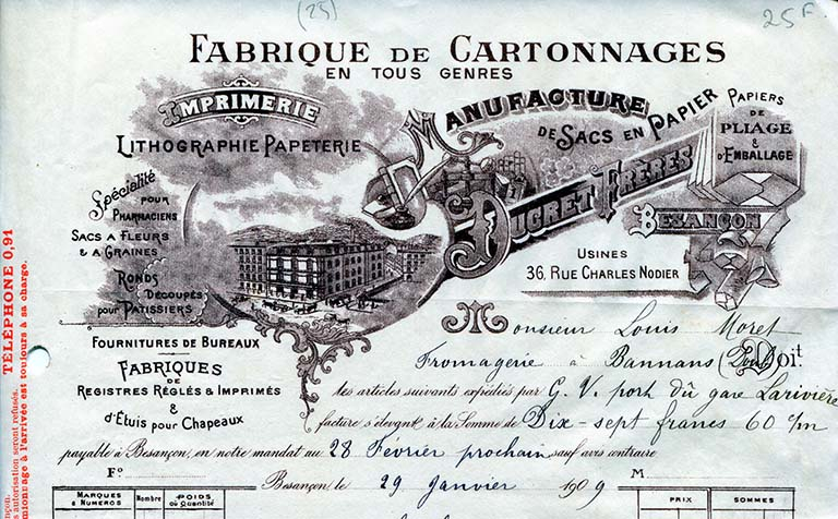 Fabrique de cartonnages Ducret Frères, papier à en-tête, vers 1909. © Jérôme Mongreville / Région Bourgogne-Franche-Comté, Inventaire du patrimoine - 2015 Fabrique de cartonnages Ducret Frères, papier à en-tête, vers 1909. © Jérôme Mongreville / Région Bourgogne-Franche-Comté, Inventaire du patrimoine - 2015