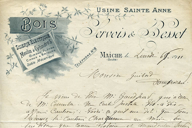 Papier à en-tête de la société Servois et Bessot - Usine de Sainte-Anne, 1911. © Laurent Poupard / Région Bourgogne-Franche-Comté, Inventaire du patrimoine - 2015