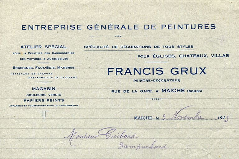 Papier à en-tête de Francis Grux, 3 novembre 1913. © Laurent Poupard / Région Bourgogne-Franche-Comté, Inventaire du patrimoine - 2015
