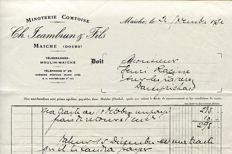 Facture avec en-tête de la maison Ch. Jeambrun et Fils - Minoterie comtoise, 24 novembre 1934. © Laurent Poupard / Région Bourgogne-Franche-Comté, Inventaire du patrimoine - 2015