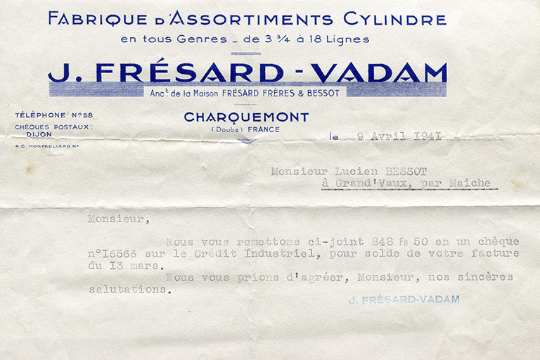 Papier à en-tête de la société J. Frésard-Vadam, 9 avril 1941. © Laurent Poupard / Région Bourgogne-Franche-Comté, Inventaire du patrimoine - 2015