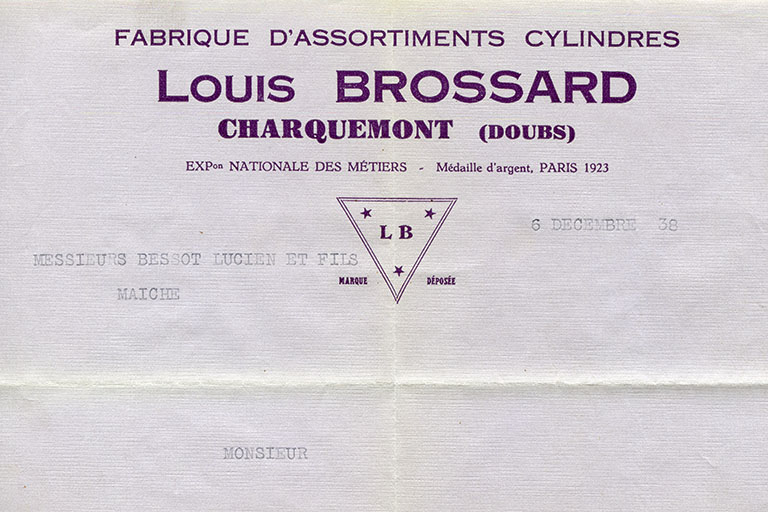 Papier à en-tête de la fabrique d'assortiments cylindre Louis Brossard, 6 décembre 1938. © Laurent Poupard / Région Bourgogne-Franche-Comté, Inventaire du patrimoine - 2015 Papier à en-tête de la fabrique d'assortiments cylindre Louis Brossard, 6 décembre 1938. © Laurent Poupard / Région Bourgogne-Franche-Comté, Inventaire du patrimoine - 2015