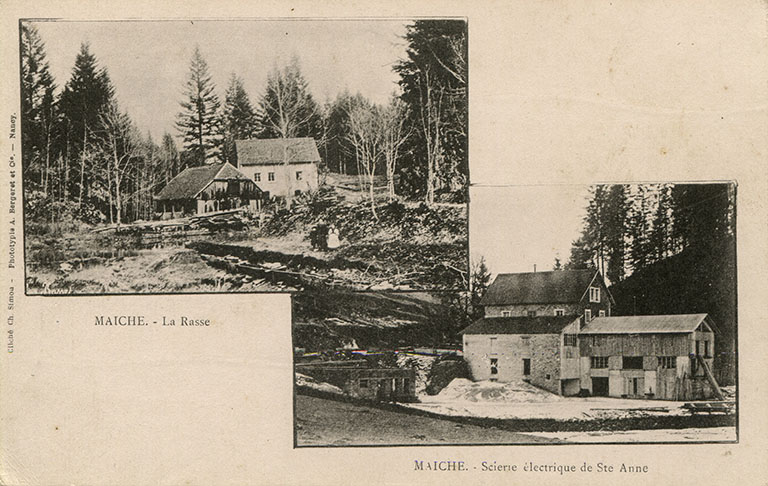 Maîche. - La Rasse [et] Maîche. - Scierie électrique de Ste-Anne [montage de deux vues des scieries], fin 19e siècle - début 20e siècle (avant 1901). © Laurent Poupard / Région Bourgogne-Franche-Comté, Inventaire du patrimoine - 2015