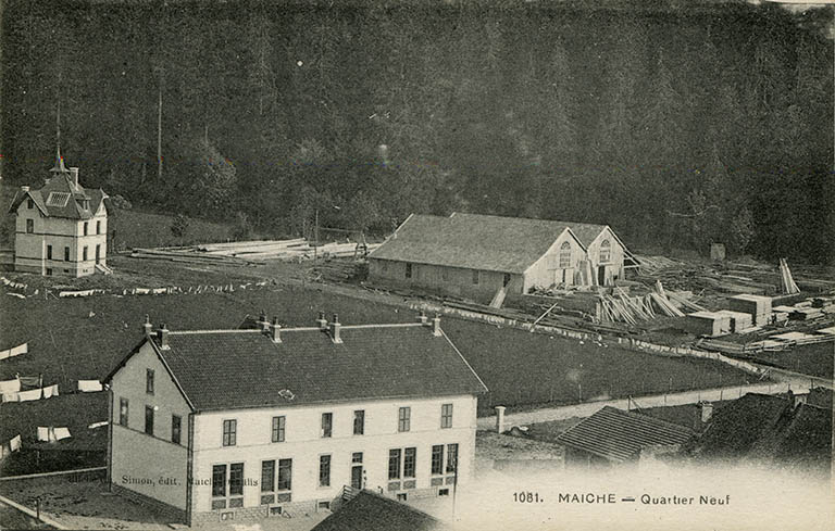 1081. Maîche - Quartier neuf [vue rapprochée depuis le clocher de l'église, au nord-ouest], 1er quart 20e siècle. © Laurent Poupard / Région Bourgogne-Franche-Comté, Inventaire du patrimoine - 2015