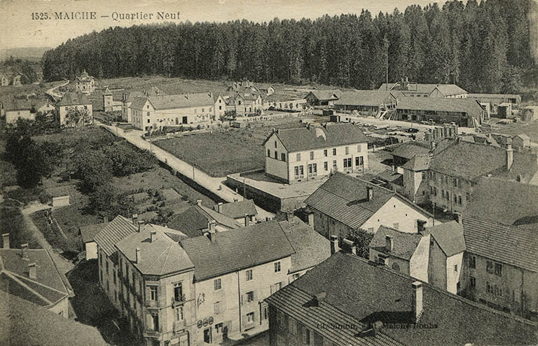 1525. Maîche - Quartier neuf [vu du clocher de l'église, au nord-ouest], 2e quart 20e siècle. © Laurent Poupard / Région Bourgogne-Franche-Comté, Inventaire du patrimoine - 2015