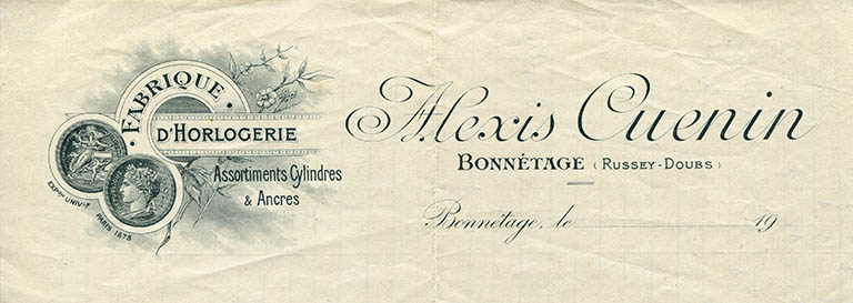 Papier à en-tête de la fabrique d'horlogerie Alexis Cuenin, décennie 1910. © Laurent Poupard / Région Bourgogne-Franche-Comté, Inventaire du patrimoine - 2015