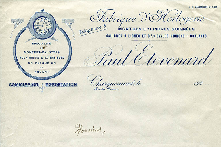 Papier à en-tête de la Fabrique d'horlogerie Paul Etevenard [détail], décennie 1920. © Laurent Poupard / Région Bourgogne-Franche-Comté, Inventaire du patrimoine - 2015