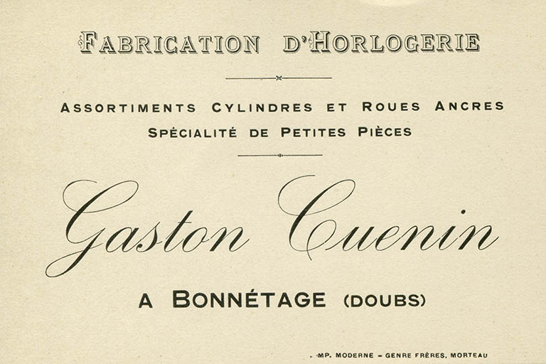 Fabrication d'horlogerie Gaston Cuenin [carte publicitaire],1ère moitié 20e siècle. © Laurent Poupard / Région Bourgogne-Franche-Comté, Inventaire du patrimoine - 2015