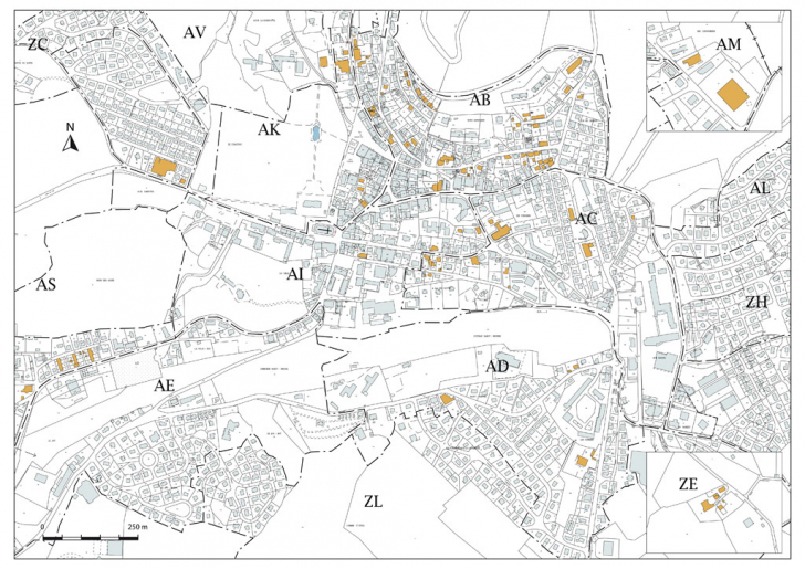 Carte de localisation des sites horlogers étudiés. Extrait du plan cadastral, 2015, sections AB, AC, AD, AH, AI, AK, AM, AV, ZC et ZE. © Mathias Papigny / Région Bourgogne-Franche-Comté, Inventaire du patrimoine - 2015