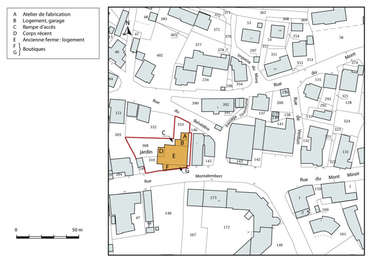 Plan-masse et de situation. Extrait du plan cadastral, 2015, section AB. © Mathias Papigny / Région Bourgogne-Franche-Comté, Inventaire du patrimoine - 2015
