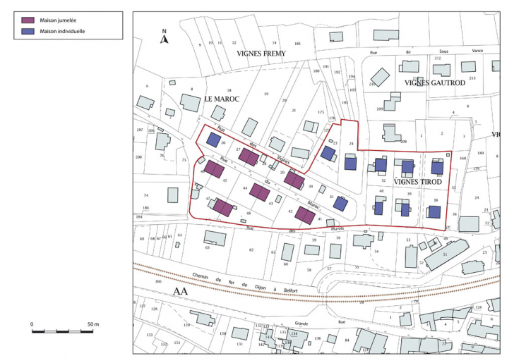 Plan-masse et de situation. Extrait du plan cadastral, 2015, section AA. © Mathias Papigny / Région Bourgogne-Franche-Comté, Inventaire du patrimoine - 2015