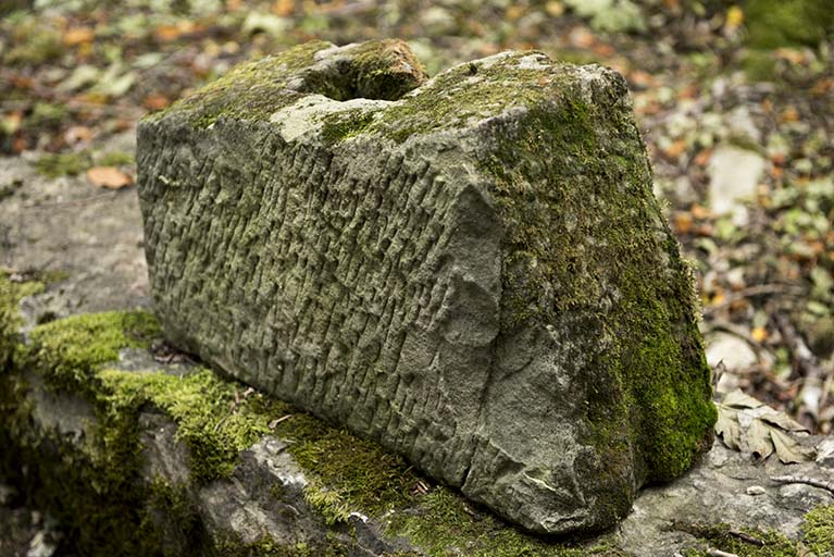 Vestiges lithiques en périphérie de la tour ouest. (élément de pont levis? ) © Sonia Dourlot / Région Bourgogne-Franche-Comté, Inventaire du patrimoine - 2015