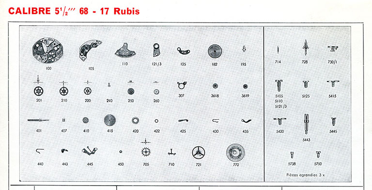 Calibre 5 1/2''' 68 - 17 rubis [éclaté des fournitures], 1973. © auteur / Région Bourgogne-Franche-Comté, Inventaire du patrimoine - 2016