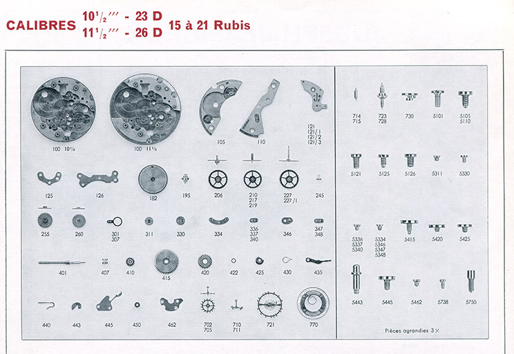 Calibres [jeambrun] 10 1/2''' - 23 D [et] 11 1/2''' - 26 D - 15 à 21 rubis [éclaté des fournitures], 1973. © Laurent Poupard / Région Bourgogne-Franche-Comté, Inventaire du patrimoine - 2016