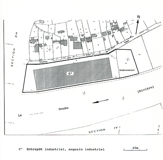 Plan-masse de la partie orientale du site industriel (usine C). Extrait du plan cadastral, 1982, section DH, 1/1 000 réduit à 1/2 000. © André Céréza / Région Bourgogne-Franche-Comté, Inventaire du patrimoine - 2016