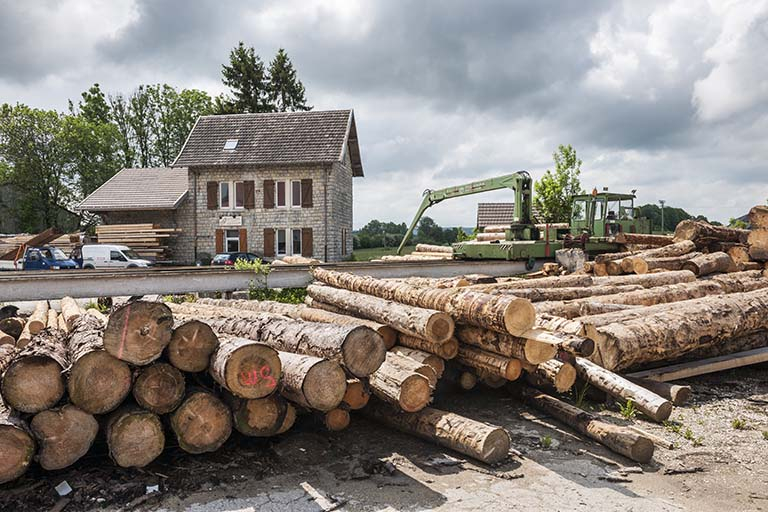 Les bureaux (ancienne gare) et le parc à grumes. © Jérôme Mongreville / Région Bourgogne-Franche-Comté, Inventaire du patrimoine - 2016