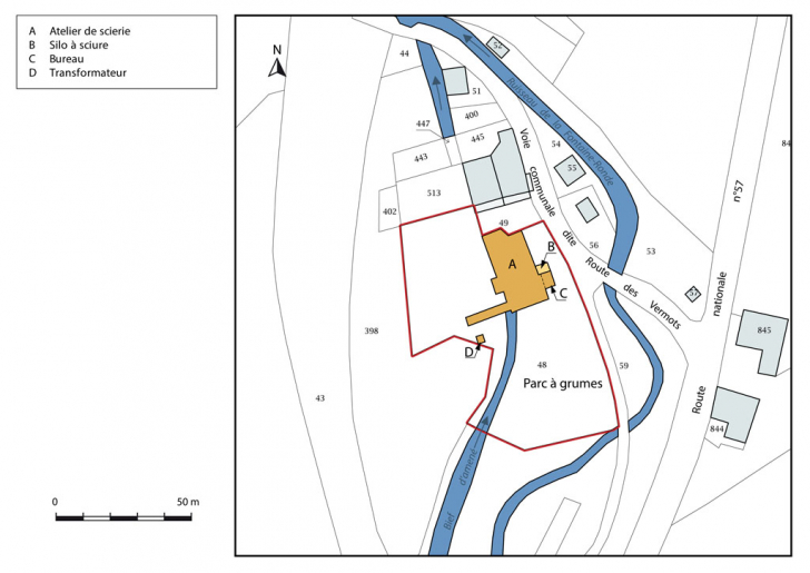 Plan-masse et de situation. Extrait du plan cadastral, 2015, section D. © Mathias Papigny / Région Bourgogne-Franche-Comté, Inventaire du patrimoine - 2016