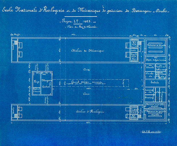 Ecole nationale d'Horlogerie et de Mécanique de Précision de Besançon - Doubs. Projet LT 1923. Plan du Rez-de-Chaussée. © Jérôme Mongreville / Région Bourgogne-Franche-Comté, Inventaire du patrimoine - 2016 Ecole nationale d'Horlogerie et de Mécanique de Précision de Besançon - Doubs. Projet LT 1923. Plan du Rez-de-Chaussée. © Jérôme Mongreville / Région Bourgogne-Franche-Comté, Inventaire du patrimoine - 2016