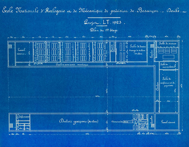 Ecole nationale d'Horlogerie et de Mécanique de Précision de Besançon - Doubs. Projet LT 1923. Plan du 1er étage. © Jérôme Mongreville / Région Bourgogne-Franche-Comté, Inventaire du patrimoine - 2016 Ecole nationale d'Horlogerie et de Mécanique de Précision de Besançon - Doubs. Projet LT 1923. Plan du 1er étage. © Jérôme Mongreville / Région Bourgogne-Franche-Comté, Inventaire du patrimoine - 2016