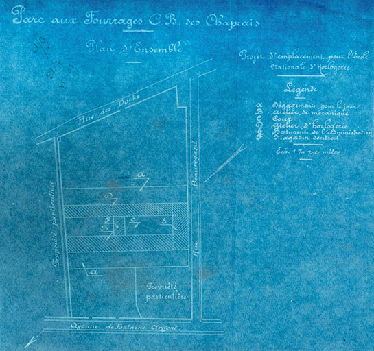 Parc aux fourrages C.B. des Chaprais. Plan d'ensemble. Projet d'emplacement pour l'Ecole nationale d'Horlogerie, [1922 ?]. © Jérôme Mongreville / Région Bourgogne-Franche-Comté, Inventaire du patrimoine - 2016